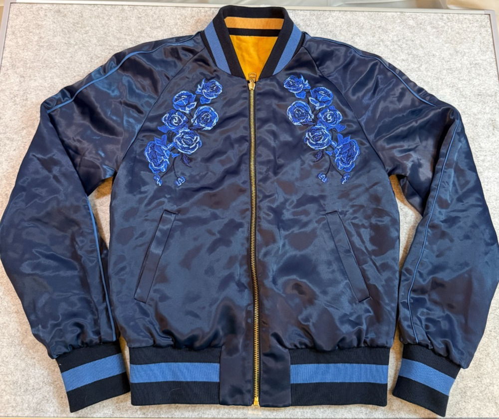 Baldwin Reversible Bomber Jacket Womens M Blue Satin Floral Embroidered Mustard
